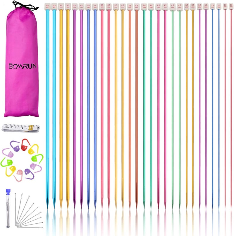 BCMRUN 28Pcs/14 Pairs Stainless Steel Knitting Needles Set, Colored Straight Single Pointed Metal Knitting Needles, 14 Size from 2.0mm-10.0mm, 9.8 Inches Length for Handmade DIY Knitting (25cm) - Image 1